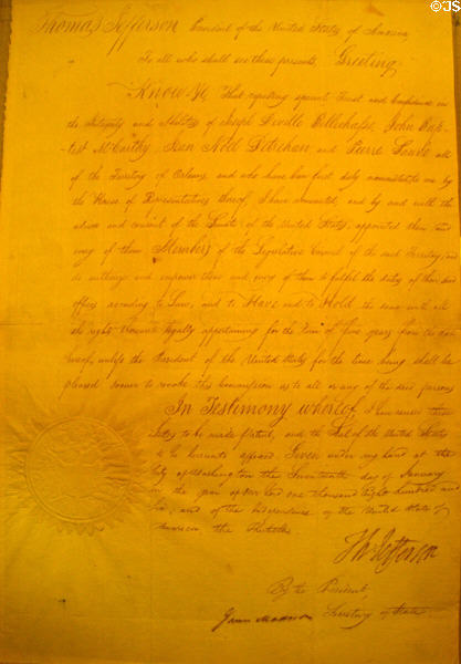 Document naming John Noel Destrehan & others to the Territorial Legislature of Orleans (1806) as signed by Thomas Jefferson, President & James Madison, Secretary of State displayed at Destrehan Plantation. Destrehan, LA.