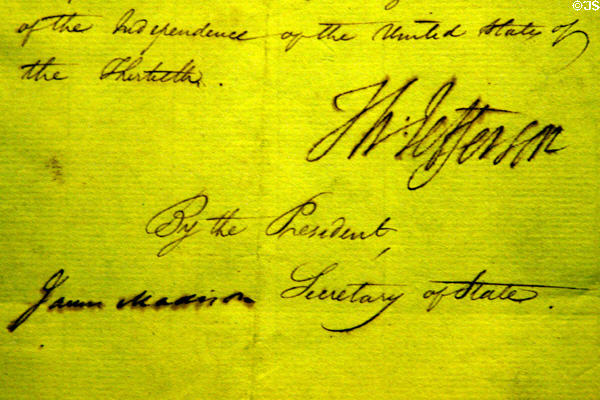 Signatures of Thomas Jefferson, President & James Madison, Secretary of State on document naming members of Orleans Territorial Legislature at Destrehan Plantation. Destrehan, LA.