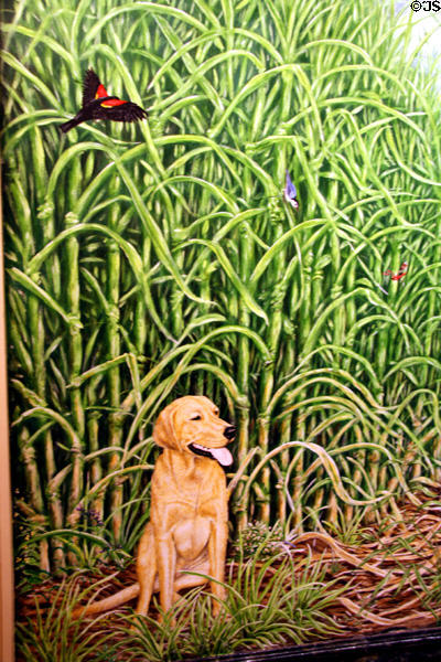 Entry hall painting of dog & birds among sugar cane by Craig Black at Houmas House. Burnside, LA.