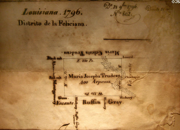 Map of Spanish Land Grant (1796) to neighbor of Oakley Plantation owned by Ruffin Gray at Audubon Historic Site State Park. St. Francisville, LA.