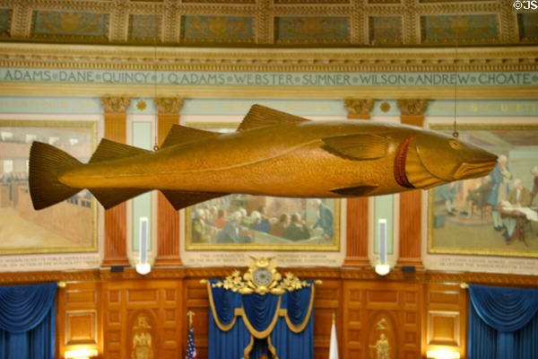 Wooden Codfish representing former prosperity of fishing industry hanging in House chamber of Massachusetts State House. Boston, MA.