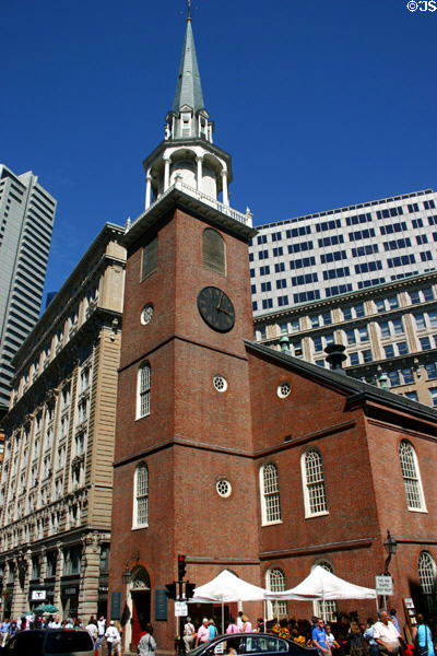 Old South Meeting House (1729) a Puritan house of worship where the 1773 Boston Tea Party was organized. Boston, MA. Style: Georgian. Architect: Robert Twelves. On National Register.