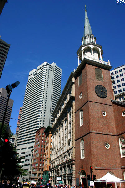 One Devonshire Place beyond Old South Meeting House on Washington Street. Boston, MA.