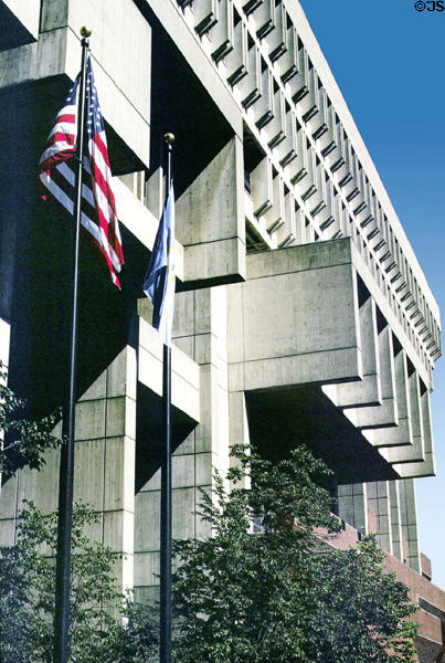 Concrete screens projecting from Boston City Hall. Boston, MA.
