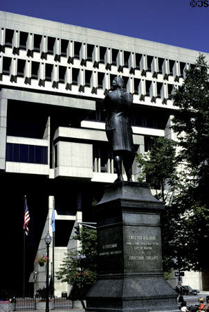 Boston City Hall beyond statue of Samuel Adams. Boston, MA.