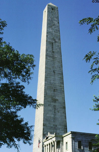 Bunker Hill Monument granite obelisk (1842) (221ft) where revolutionary soldiers fought British troops on June 17, 1775. Boston, MA. Architect: Loammi Baldwin & Solomon Willard. On National Register.