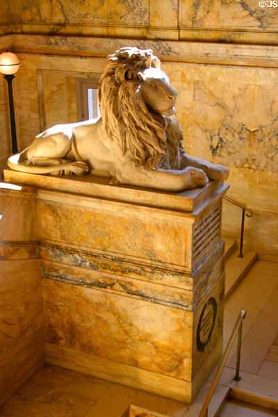 Memorial lion on stairwell of Boston Public Library. Boston, MA.