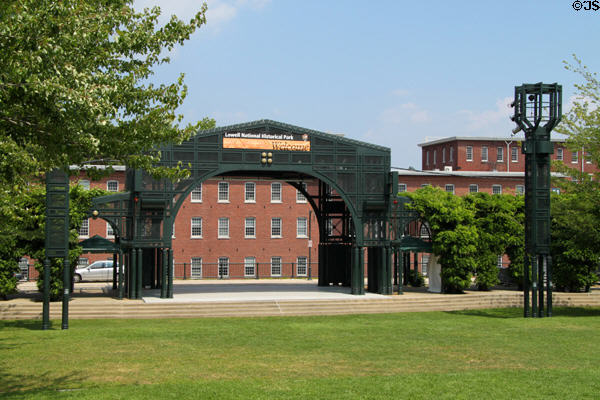 Performance Pavilion in Boarding House Park & Boott Cotton Mill Museum at Lowell National Historical Park. Lowell, MA.