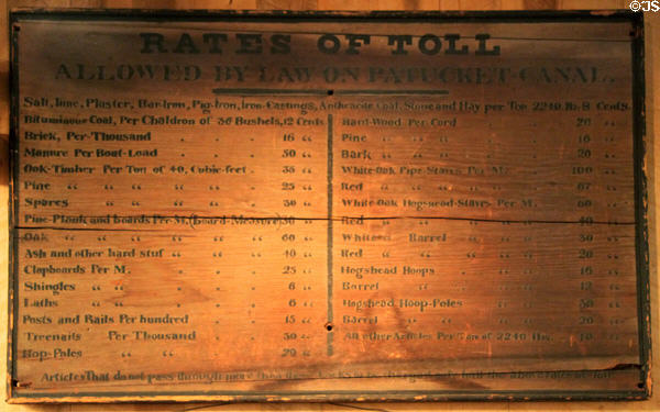 Sign of toll rates for Patucket Canal at Boott Cotton Mills. Lowell, MA.