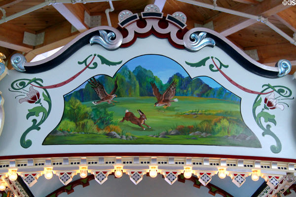Painting of rabbit & hawks on Fall River Carousel. Fall River, MA.