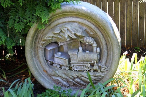 Roundel with steam train off old PO building at Fall River Historical Society Museum. Fall River, MA.