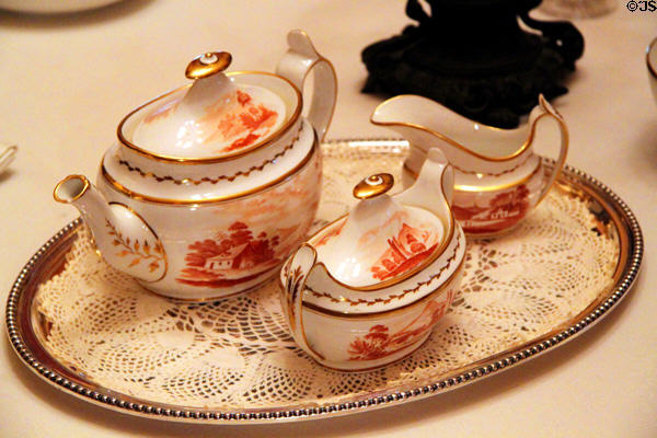 Porcelain teapot with sugar & creamer in dining room at Fall River Historical Society Museum. Fall River, MA.