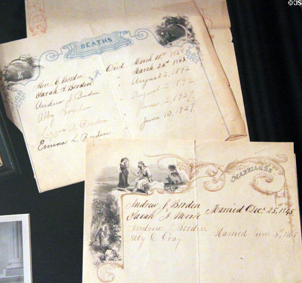 Marriage & death records related to Lizzie Borden at Fall River Historical Society Museum. Fall River, MA.