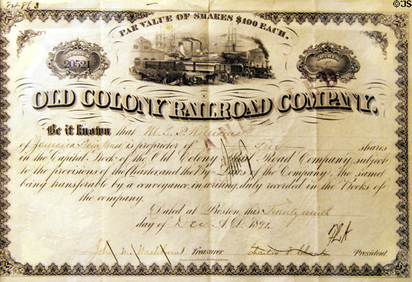 Old Colony Railroad Co. stock certificate at Fall River Rail Museum. Fall River, MA.