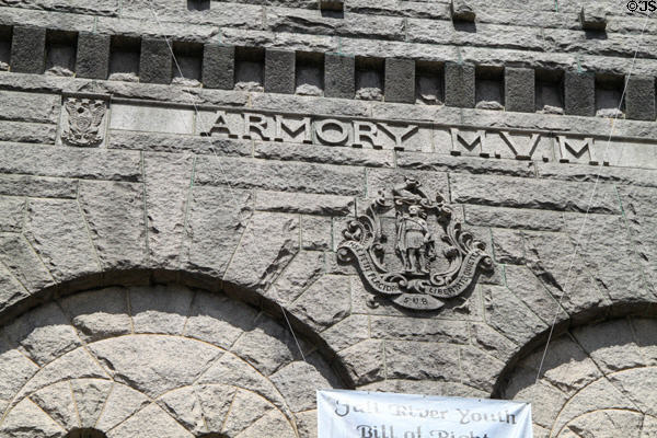 Stonework detail of Bank Street Armory. Fall River, MA.