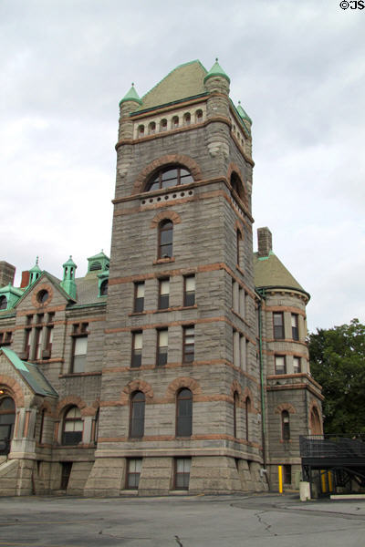 Richardsonian Romanesque corner tower of Bristol County Superior Courthouse & Registry. Fall River, MA.