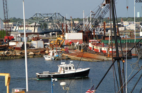 New Bedford harbor with Fairhaven Bridge. New Bedford, MA.
