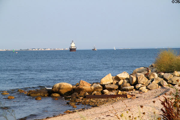 View of entrance of New Bedford harbor with Butler's Flat Lighthouse. New Bedford, MA.