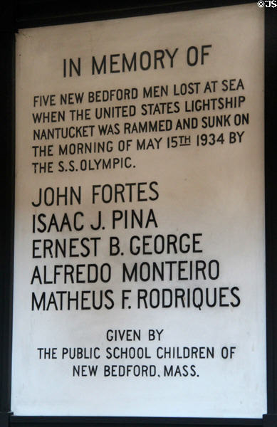 Memorial plaque (1934) for 5 sailors of sunken lightship Nantucket at Seaman's Bethel. New Bedford, MA.