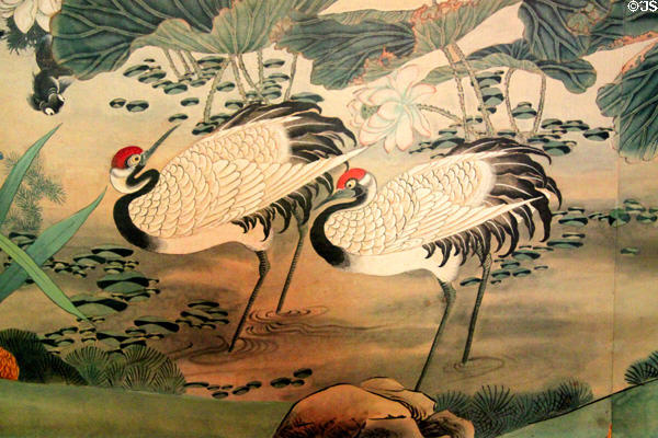 Cranes painted on antique imported oriental wallpaper Rotch-Jones-Duff House. New Bedford, MA.