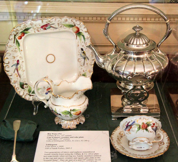 Tiffany hot water pot & Vieu Paris porcelain (19thC) at Rotch-Jones-Duff House. New Bedford, MA.