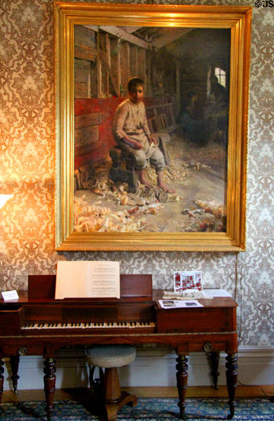 Carpenter's Son painting by Edward Emerson Simmons over melodeon spinet piano (c1830) at Rotch-Jones-Duff House. New Bedford, MA.