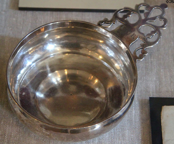 Silver porringer (1740-50) of Joseph and Love Macy Rotch by Jacob Hurd of Boston at Rotch-Jones-Duff House. New Bedford, MA.