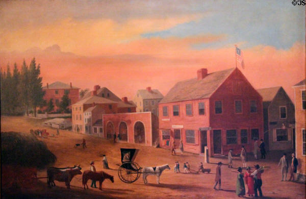 Old Four Corners of New Bedford in 1808 painting (c1855) by William A. Wall at Rotch-Jones-Duff House. New Bedford, MA.