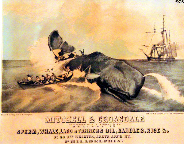 Lithograph of whale hunt on advertisement (c1855) for dealers in whale oil Mitchell & Croasdale of Philadelphia at New Bedford Whaling Museum. New Bedford, MA.
