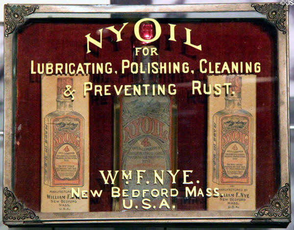 Whale oil NyOil for lubricating, polishing, cleaning & preventing rust (1896-1906) at New Bedford Whaling Museum. New Bedford, MA.
