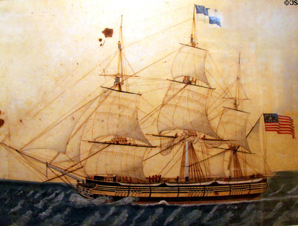 Ship Richard Mitchell of Nantucket watercolor (19thC) attrib. to Roland T. Swain at New Bedford Whaling Museum. New Bedford, MA.
