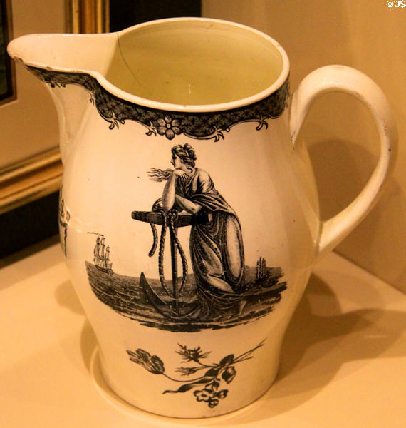 Creamware pottery jug (c1810) with figure of hope leaning on anchor at New Bedford Whaling Museum. New Bedford, MA.