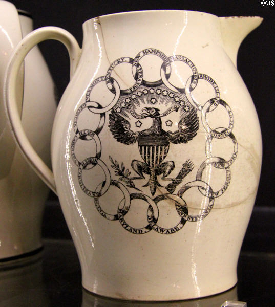 Creamware pottery jug (c1794-6) with American Eagle ringed by 15 State names at New Bedford Whaling Museum. New Bedford, MA.