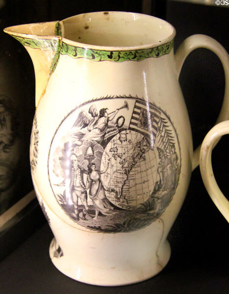 Creamware pottery jug (early 19thC) with United States map at New Bedford Whaling Museum. New Bedford, MA.