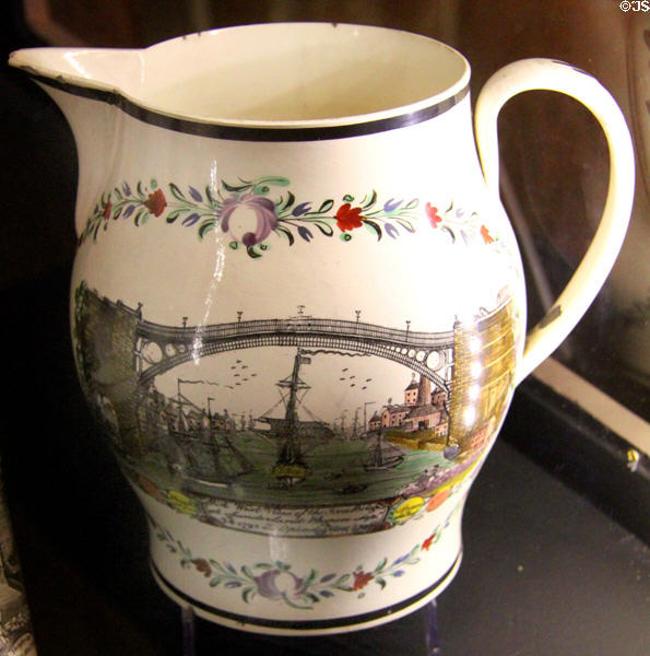 Creamware pottery jug (c1796) with view of Iron Bridge at Sunderland, England at New Bedford Whaling Museum. New Bedford, MA.