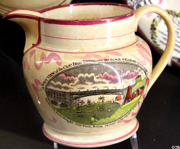 Lusterware pottery jug (c1796) with view of Iron Bridge over River Weaphen in England at New Bedford Whaling Museum. New Bedford, MA.