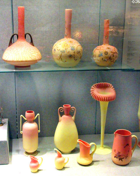 Peachblow & Burmese glass vases & pitchers (c1885-94) by Mount Washington Glass Co. of New Bedford at New Bedford Whaling Museum. New Bedford, MA.