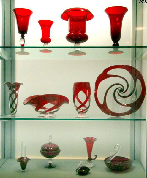 Collection of ruby glass made by Pairpoint in New Bedford (1900-1937) at New Bedford Whaling Museum. MA.