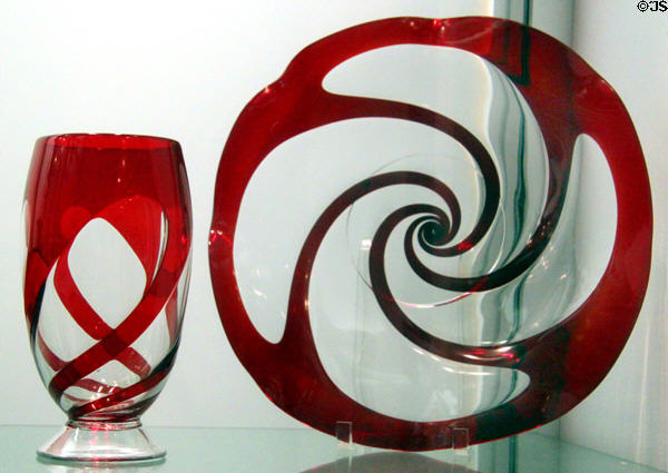 Ruby glass swirl overlay by Pairpoint in New Bedford (1900-1937) at New Bedford Whaling Museum. New Bedford, MA.