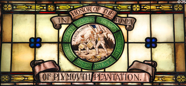 Stained-glass window (1920) showing Spirit of '76 based on Archibald Willard to honor women of Plymouth plantation at Pilgrim Hall Museum. Plymouth, MA.