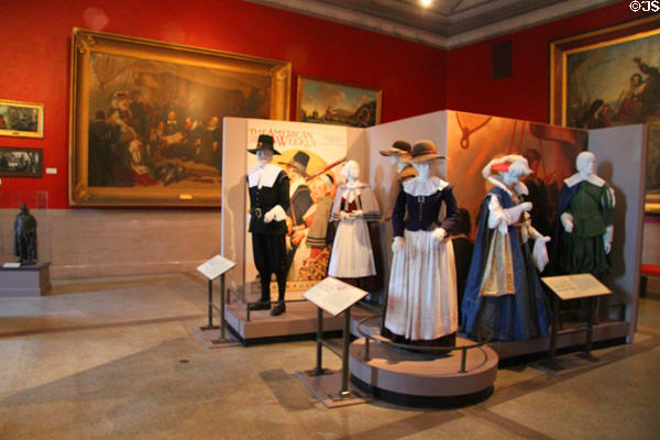 Gallery of Pilgrim paintings & dress at Pilgrim Hall Museum. Plymouth, MA.