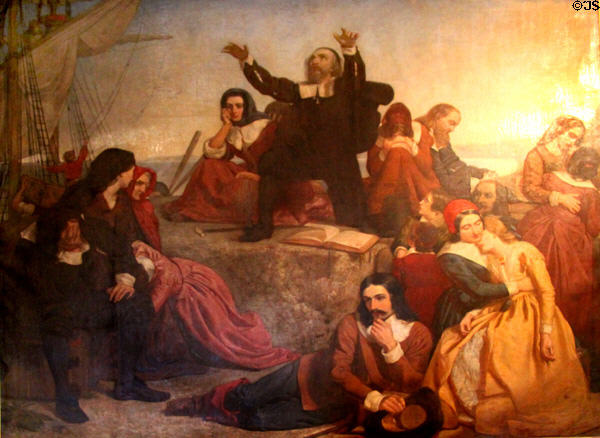 Departure of Pilgrims from Delfthaven painting (1847) by Charles Lucy at Pilgrim Hall Museum. Plymouth, MA.
