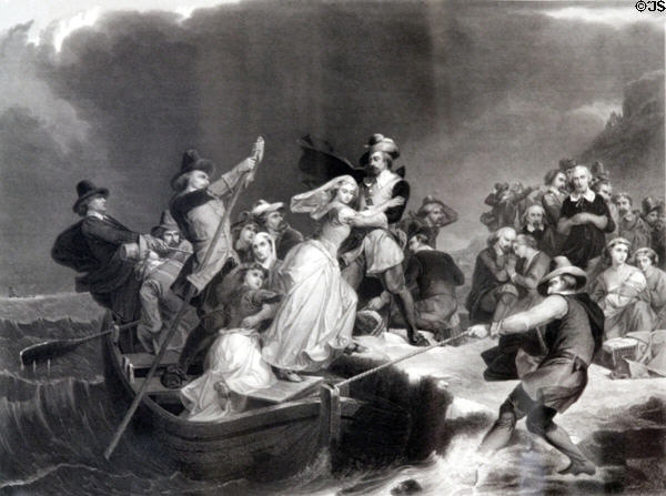 Landing of the Plymouth Rock graphic (1869) by Peter Rothermel at Pilgrim Hall Museum. Plymouth, MA.