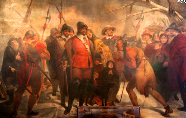 Landing of the Pilgrims Fathers painting (1818-24) by Henry Sargent which is inaccurate since no Indians were present at Pilgrim Hall Museum. Plymouth, MA.