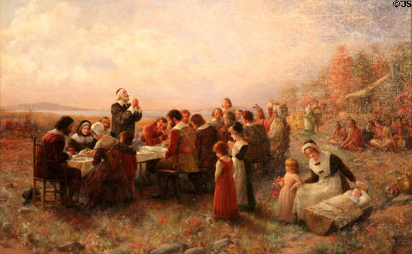 The First Thanksgiving at Plymouth painting (1914) by Jennie Brownscombe at Pilgrim Hall Museum. Plymouth, MA.