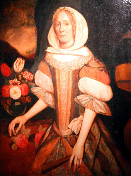 Portrait of Elizabeth Paddy Wensley (1671-80) descendent of Mayflower colonist at Pilgrim Hall Museum. Plymouth, MA.