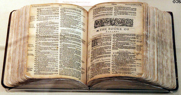 Bible (1620) printed by Robert Barker from family of John Alden at Pilgrim Hall Museum. Plymouth, MA.