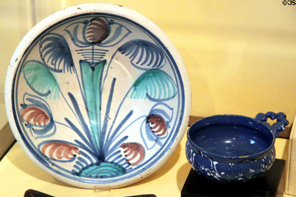 Cooke-Thompson family bowl & unknown family porringer (1675-1700) earthenware from England at Pilgrim Hall Museum. Plymouth, MA.
