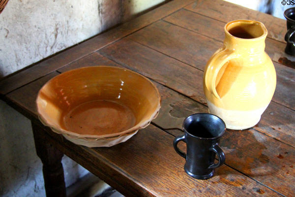Pottery bowl, pitcher & cup at Plimouth Plantation. Plymouth, MA.