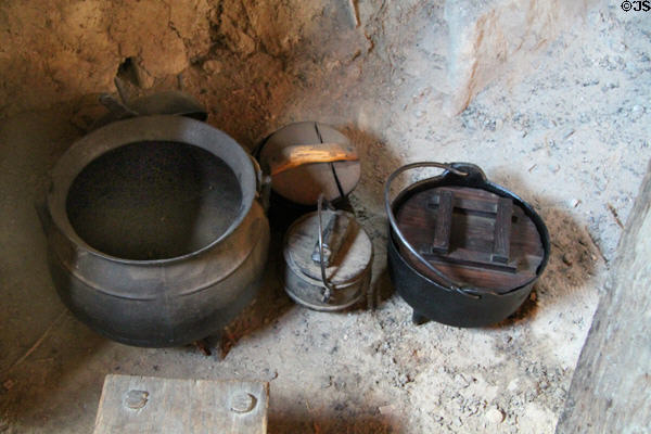 Cauldrons in fireplace at Plimouth Plantation. Plymouth, MA.